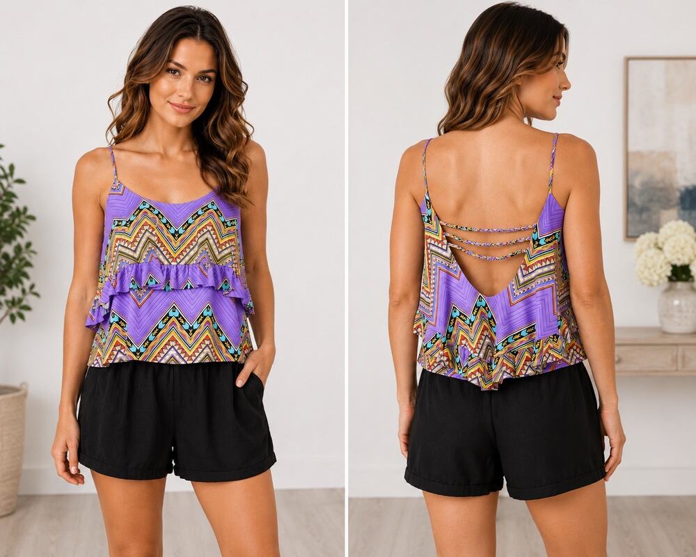 TBags Los Angeles Purple Chevron Ruffle Tiered Tank Top Strappy Open Back NWT L